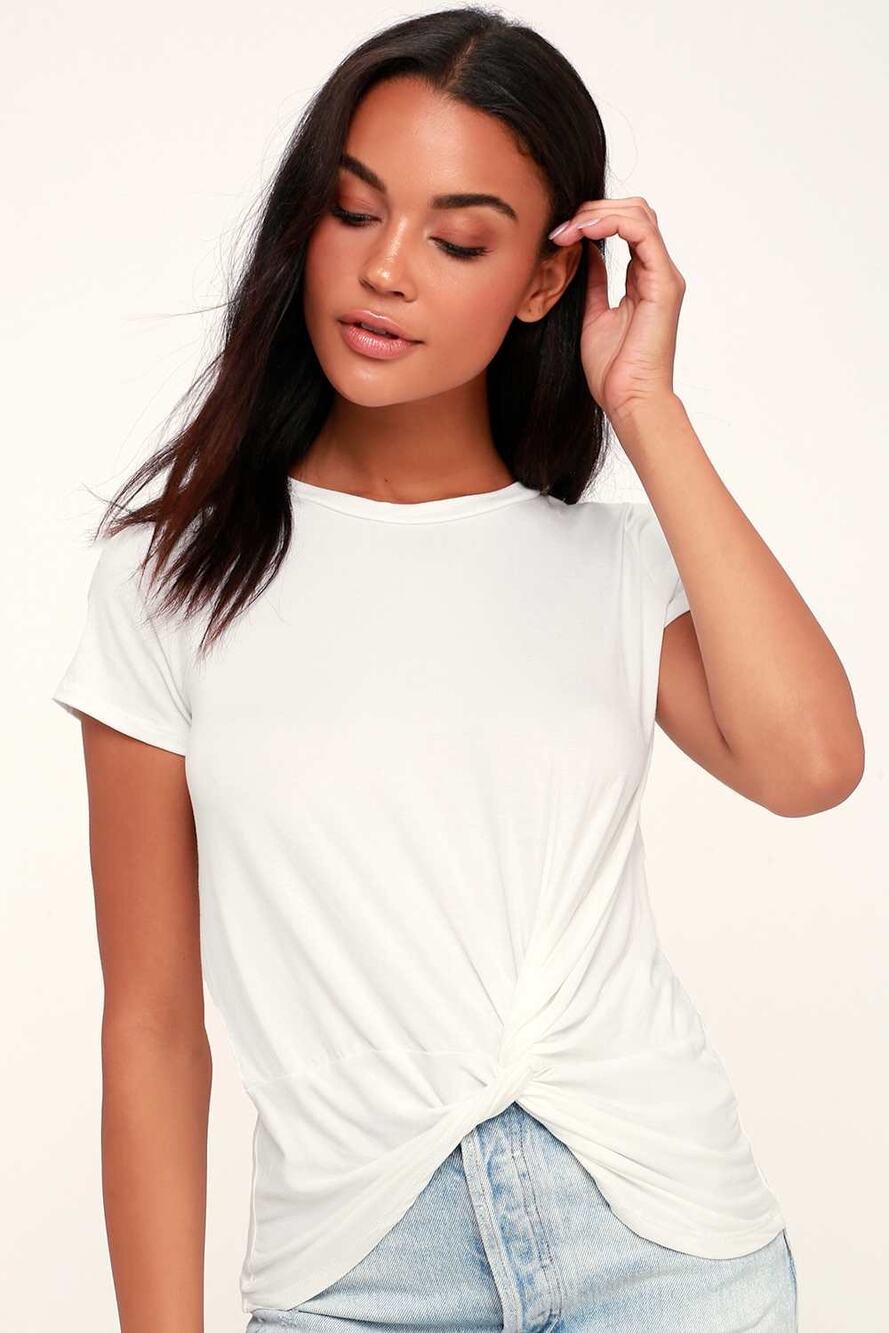 Lulus Knot To Mention White Knotted Tee Shirt Minimalist Stretch Modal Large NWT